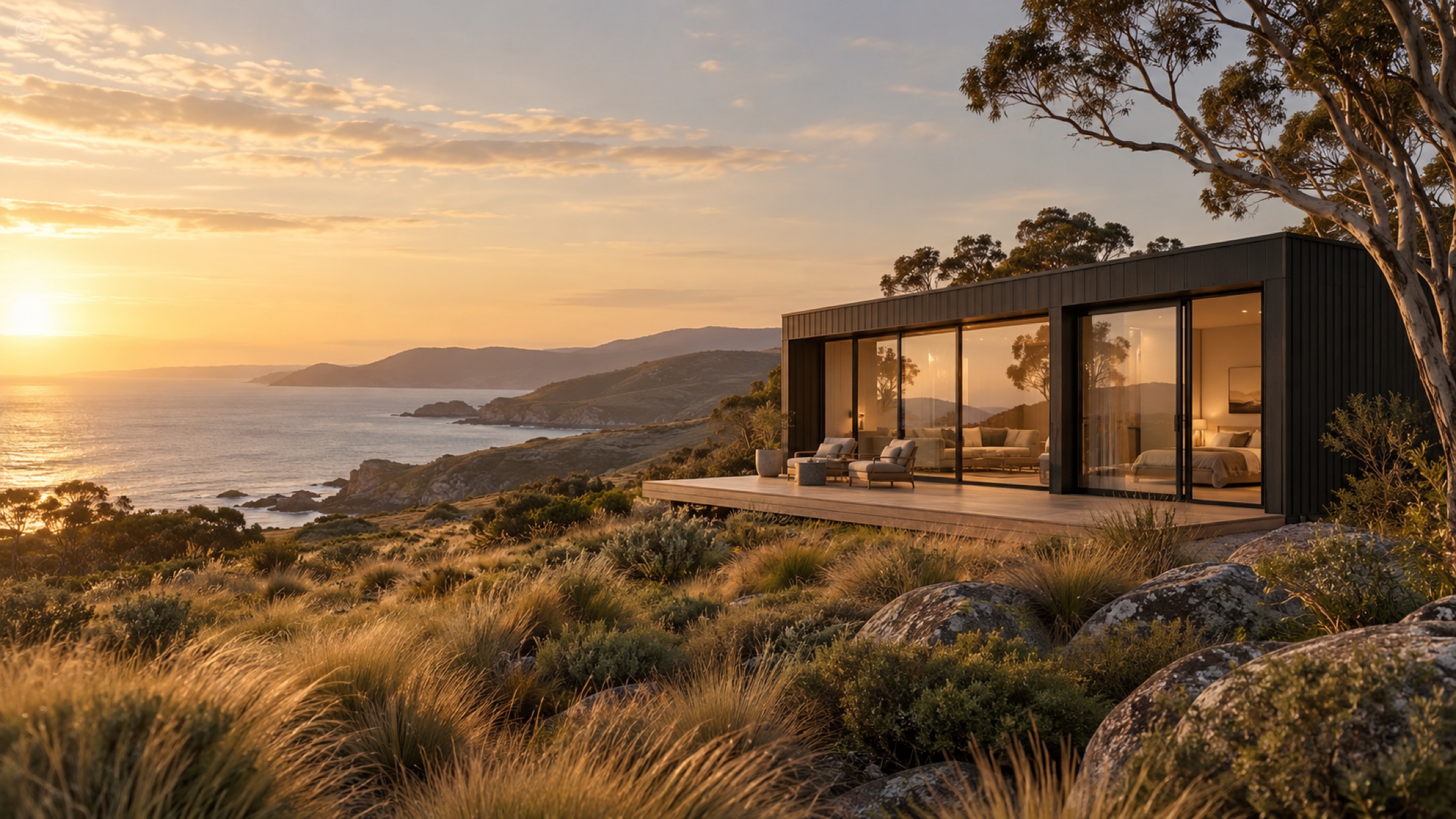 Concept illustration of a modular cabin overlooking an Australian coastal landscape