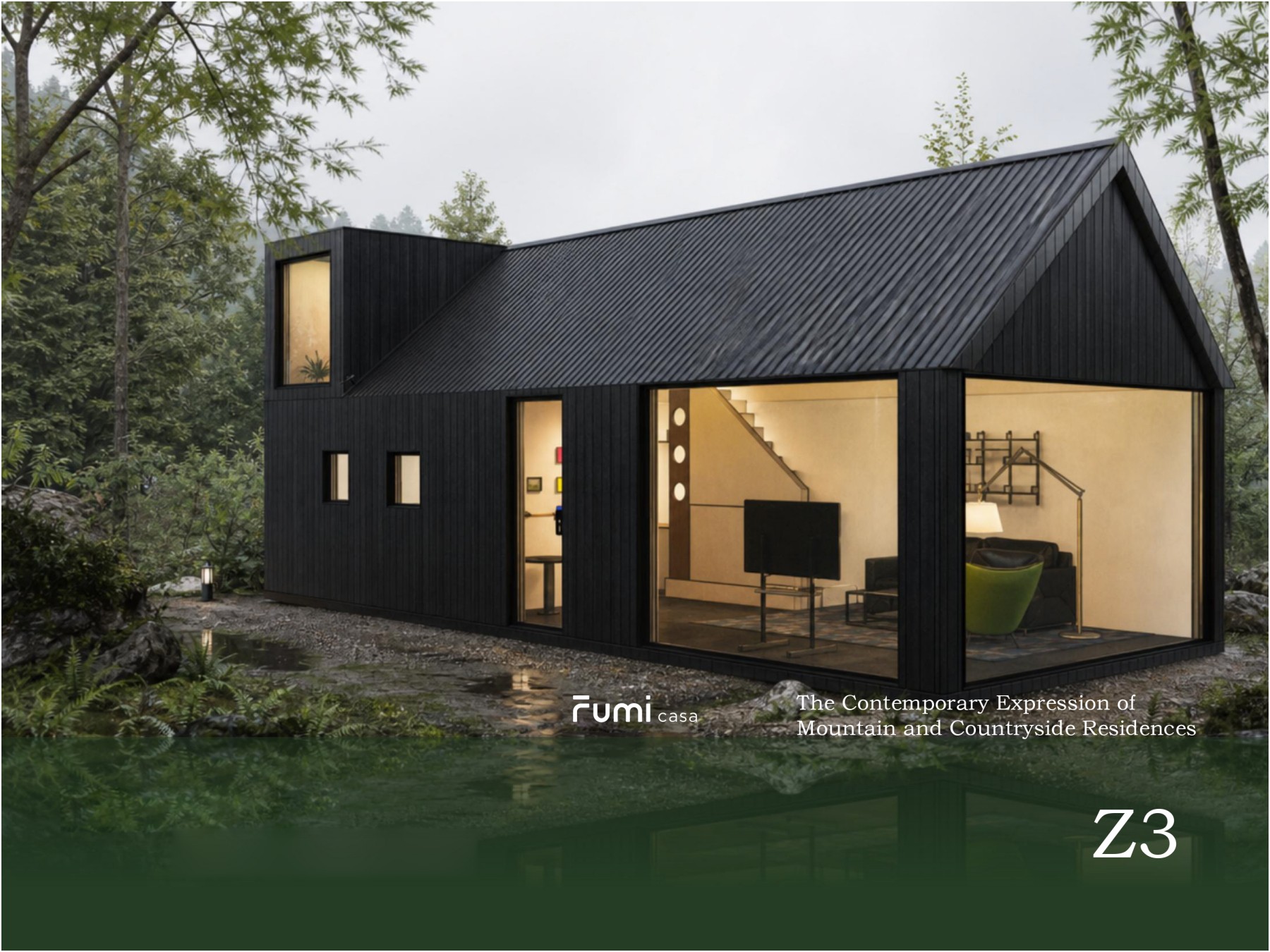 Fumi Z3 pitched-roof cabin with tall glazing, from the Fumi brochure